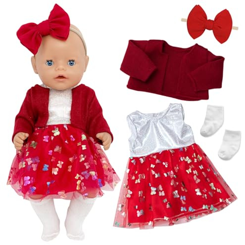 4 Teilig Puppenkleidung für 36-43cm große Babypuppen, Puppensachen Roter Mantel Kleider Socken Schmetterlings-Stirnband, Süße Puppenkleider und Puppenzubehör, Geschenk für Mädchen
