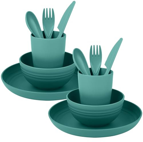 Belle Vous 4-tlg. Camping Geschirr aus Kunststoff - Campinggeschirr Set enthält Schüssel Teller Becher Messer Gabel Löffel - Camping-Geschirr Set - Picknick Geschirr - Navy Blau