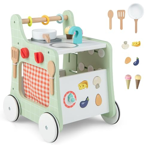 GYMAX 6-in-1 Wooden Baby Walker, Toddler Push Along Walker with Teaching Clock, Shape Matching and 4 Wheels Learning Educational Toy Pretend Play Kitchen for Babies Aged 1+ (Green)