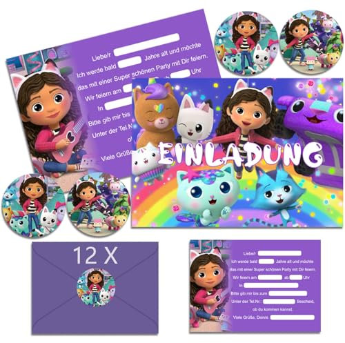 OSOFREE 12x Gaby Dolhouse Einladungskarten Kindergeburtstag Mädchen mit Umschlag Deutsch, Cartoon Geburtstag Einladungskarten Set für Themed Party, Kindergeburtstags Party Einladungen (A6)