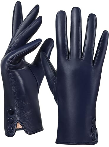 GSG SINCE 1998 Guantes de Mujer de Piel de Oveja Sin Cromo – Guantes de Invierno Táctiles con Forro de Lana para Conducir Azul Marino Talla M