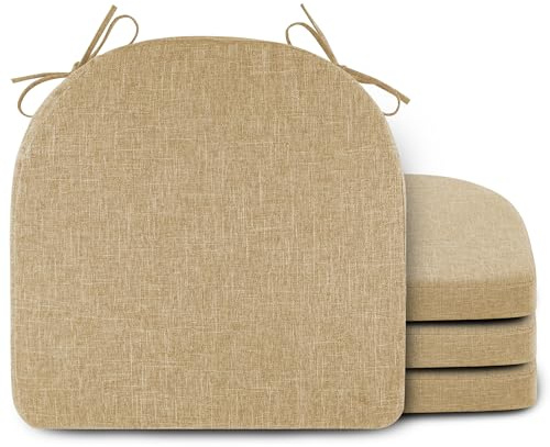 FlyGulls Sitzkissen aus Memory-Schaum, Leinen, Stuhlkissen für Esszimmerstühle mit Bändern, Küchenstuhlkissen, rutschfest, U-Form, 45 x 45 x 5 cm, Beige, 4 Stück