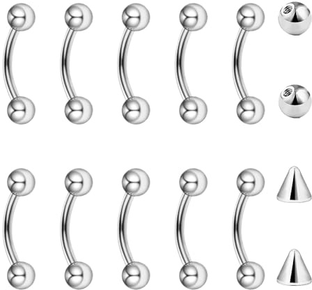 Besyvvin 10pcs Curved Barbell 16G Piercing Lip Septum Eyebrow Rook Daith Stud Silver Vertical Labret Bars 6mm Stainless Steel