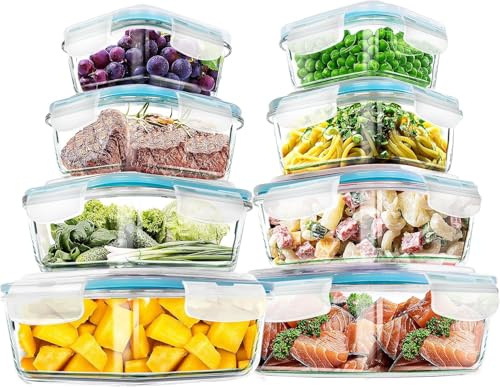 KICHLY Glass meal prep containers - Airtight Storage glass food containers with lids for Freezer - Snap locking, Dishwasher safe, Oven Friendly, & BPA Free (Blue, Pack of 32)