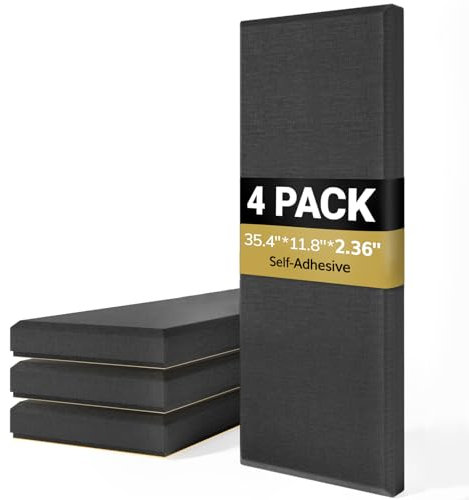 TONOR 4 Stück große Fiberglas Akustikpaneele selbstklebend, 90 x 30 x 5.2 cm Schalldämmung Wandpolster selbstklebend,Dekorative Echoabsorbierende Wandplatte, für Studio, Wohnzimmer, Haus, Büro,Schwarz