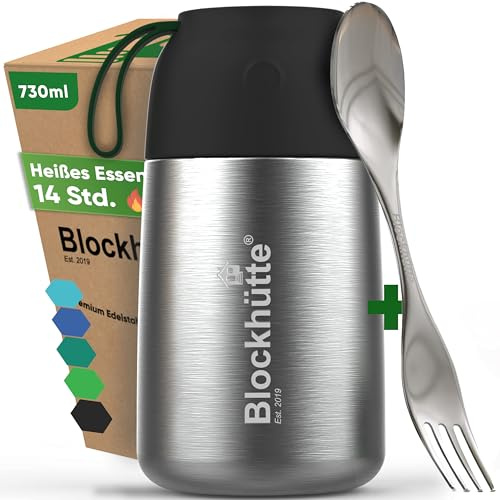 Blockhütte Thermal Lunch Box for Adults 730ml Stainless Steel | Thermal Food Flask with Spork | BPA Free Soup Flask for 14h Hot Meals Dishwasher Safe | for Porridge and Meal Prep – Black