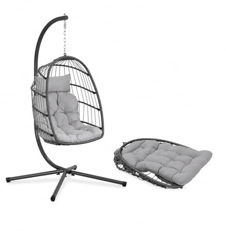 Zendea Sillón Colgante Gaia Grey de ratán Artificial – Sillón Colgante de jardín con Estructura de Acero y Cojines, Silla Colgante de Exterior, Muebles de jardín para Exterior Elegante