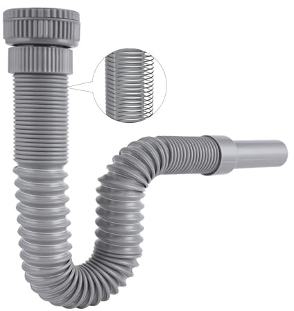 Hibbent Siphon Lavabo de Bain, Siphon Flexible Anti-Odeurs Avec Fil d'Acier Encastré, G1 1/4 vers G1 1/2 (≈40 & 45 mm)x 32mm, Siphon Evier Cuisine, Evacuation Evier, Tuyau de Vidange Flexible, Gris