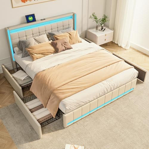 BSMGSGN Lit double tapissé de 180 x 200 cm avec 4 tiroirs de rangement et station de charge USB, éclairage LED, cadre de lit double avec sommier et tête de lit (beige-A, 180 x 200 cm)