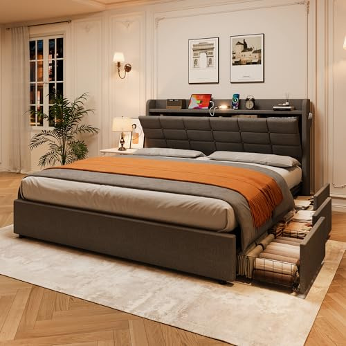 5ft King Size Ottoman Bed with Hydraulic Lift&3 Drawers&Concealed Storage Headboard, Functional Upholstered Bed Frame with Charging Station&LED Night Light, Linen Gas Lift Up Bed, No Mattress, Grey