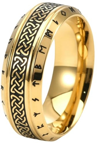 Anillo de acero de titanio con runa vikinga, nudo celta, joyería nórdica para hombre, chapado en oro antiguo, regalo medieval para él, 13, acero de titanio