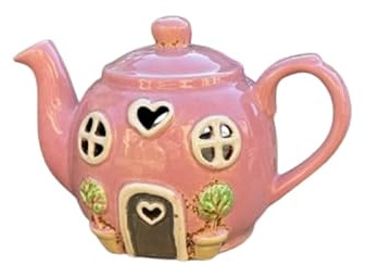Lescale Furnishings Ceramic Teapot House Tealight Candle Holder – Decorative Cottage-Style Home Decor with Heart & Bay Tree Design – LED & Tealight Compatible (Pink)