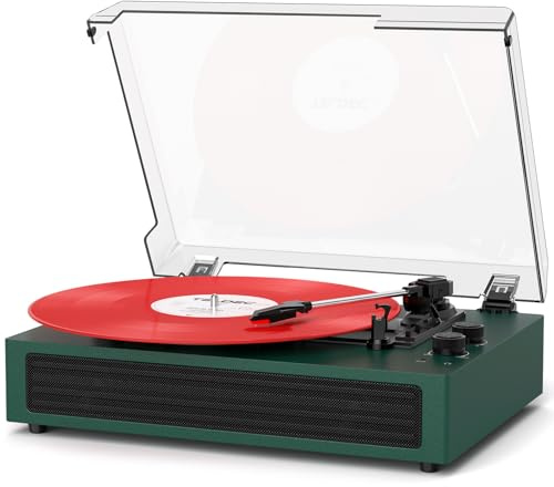 MANGOSTAN Bluetooth Record Player, Vintage Turntable with Treble & Bass Control, Built-in Stereo Speakers, 3-Speed Belt-Drive (33/45/78 RPM), Auto Stop, RCA/AUX/Headphone Jack, Green