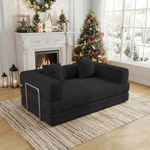 BSHOMGI 4 in 1 Futon Sofa Bed Queen Size - Foldable Convertible Sleeper Couch,Teddy Foam-Filled Compressed Couch Removable Corduroy Cover, Space Saving Sofas for Bedroom & Dorm (Black, 59” 2 Seat)