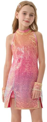 LOLANTA Traje de Baile de Lentejuelas para Niñas Ropa de Baile de Hip Hop Conjunto de Traje de Vestido de Baile Brillante | Conjunto de baile de 4 piezas: camiseta de cuello halter, pantalones cortos, pulseras, calcetines, trajes de lentejuelas para