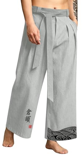 Nuaoxyeu Men's Japanese Embroidered Linen Pants Loose Fit Hakama Trousers with Tie and Pockets Baggy Wide Leg Traditional Kimono Bottoms Lightweight Summer Casual Trousers