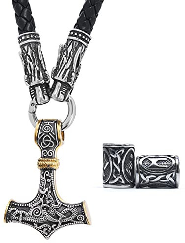 GUNGNEER Mjolnir Thor Hammer Necklace Pendant Mixed Gold Viking Jewelry Men Accessories With Black Wolf Head Leather Chain, Viking Beard Bead