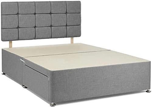 Bedsland King Size Divan Bed Frame | Grey Chenille Fabric 5FT King Bed Base with 20” High Cube Headboard & 2 Storage Drawers (150 x 200 cm)