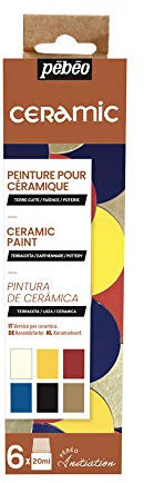 Pébéo - Set Initiation Ceramic - Kit de Peinture Céramique, Idéale Décoration Terre Cuite, Faïence - 6 Flacons de 20 ml - Blanc + Jaune riche + Rouge cerise + Lavande + Noir + Or riche