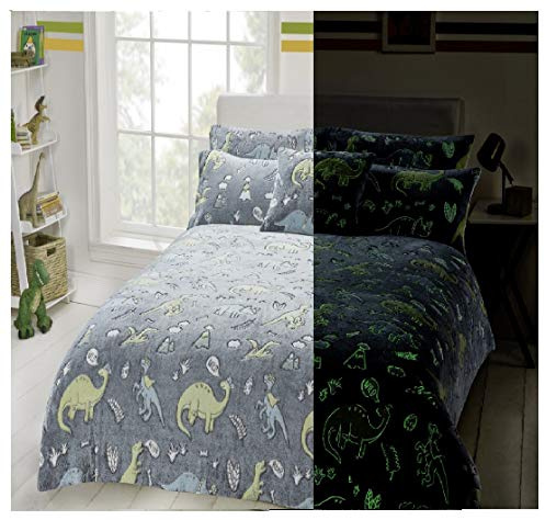 Goldstar Glow in The Dark Teddy Fleece Dino Dinosaur Duvet Cover Kids Bedding Set Cosy Warm with Pillow Case (Single)
