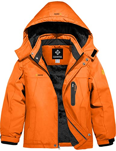 GEMYSE Boy's Waterproof Ski Snow Jacket Hooded Fleece Lined Windproof Winter Jacket (Lily Orange,10/12)