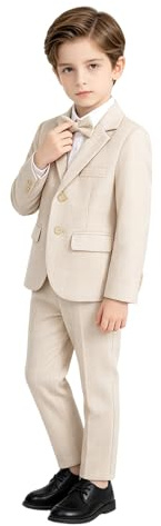 LOLANTA 3 Piezas Conjunto de Traje para Niños Conjunto de Blazer y Pantalón,Traje de Boda(Beige,7-8 años,Tag 130)