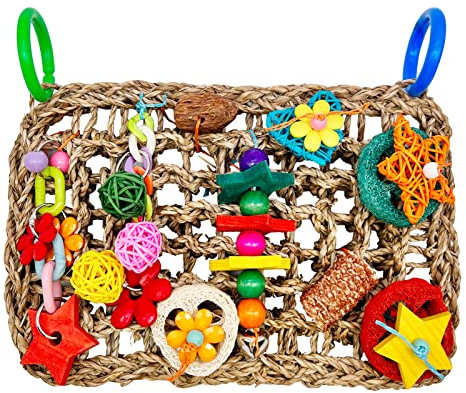 Wellensittich Spielzeug Wellensittich Zubehör, Papageienspielzeug Futterwand mit Verschiedenen Bunten Vogelkäfig Vogelspielzeug, Essbare Aus Seegras Gewebte Kletter Vogelspielplatz Hängemattenmatte