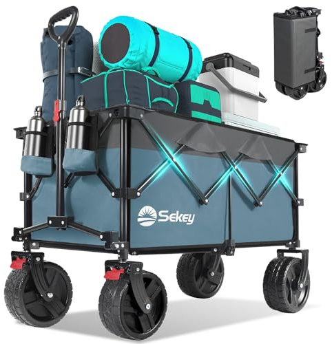 Sekey 220L Wagons Carts Foldable with Big All-Terrian Beach Wheels, Collapsible Heavy DutyWagon with Cup Holders, Extra Large Folding Wagon,Foldable Wagon for Camping, Garden, Sports.Blue&Gray