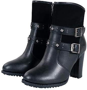 Women's Ankle Boots with Side Zipper PU Leather Biker Riding Boots With Double Buckle Strap Motorcycle Combat Boots with High Heel for Women