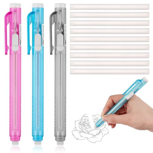Radiergummi Stift Set im Stiftstil, 3 einziehbare Radierstifte + 9 Refill Radiergummis, nachfüllbarer Präzisionsradierer für Bleistifte Zeichnen, Lernen, Büro