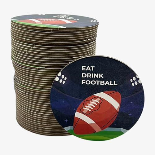 Bashout Football Drink Coasters – 50 Pack Round Disposable Cardboard Coasters for Game Day Parties, Tailgates, Football Birthdays, Sport Events & Watch Party, Footballs Party Decorations 3.5 Inch Size