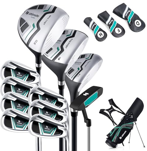 COSTWAY Ensemble Club de Golf Portable pour Hommes, Sac Trépied avec Capuche Anti-Pluie Driver 460CC #1, Bois de Parcours #3, Hybride #5, Fers #5#6#7#8#9#P #S et Putter, pour Droitier (Vert)