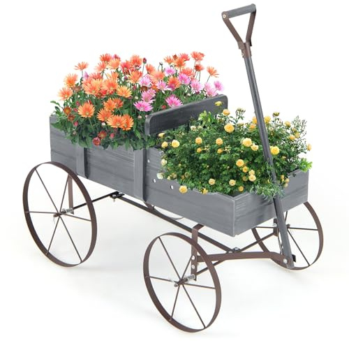 RELAX4LIFE Fioriera da Esterno a Forma di Carriola 62x34x60cm, Fioriera in Legno di Abete con 4 Ruote e Maniglia Regolabile, Carriola Portafiori con Drenaggio per Giardino, Terrazzo, Max 15kg (Grigio)