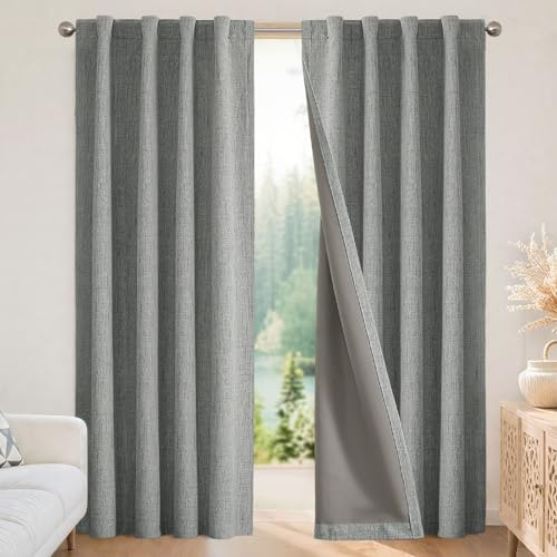 Joydeco Blackout Thermal Lined Curtains 46x54 Inch Drop 2 Panels with Back Tabs & Rod Pocket, 100% Light Blocking Linen Texture Fabric Curtain Drapes for Living Room Bedroom