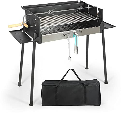 Grand barbecue au charbon de bois avec fumoir décalé, portable et réglable, idéal compagnon de cuisson comprenant des tables d'appoint pliables et une table de matériaux (Remarque : 19 caractères)