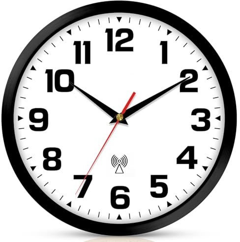 Ziprote Reloj de Pared Controlado por Radiofrecuencia Mecanismo Silencioso, 25CM Radio-controlado Reloj de Pared para Dormitorio Cocina Salón (Negro)