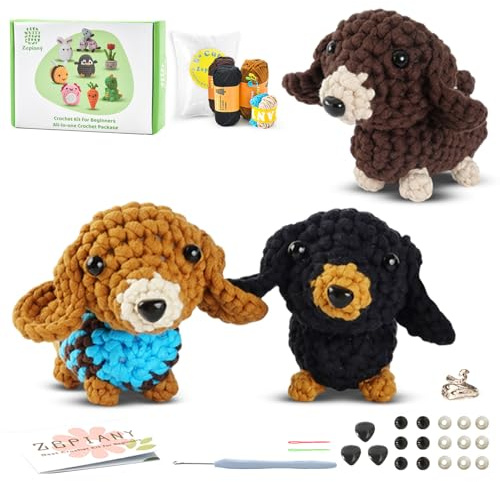 ElysiumEq Crochet Kits for Beginners Adults, Beginners Crochet Kit, Crochet Gifts, Crochet Starter Kit, amigurumi Crochet Kit, 3 PCS Sausage Dog Crochet Set with Step-by-Step Video Tutorials
