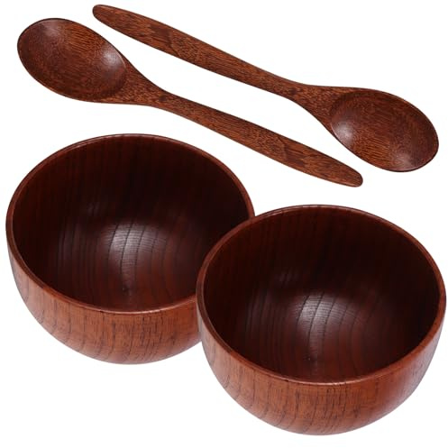 DOITOOL Set 4 Ciotole in Legno Massello per Zuppa e Insalata Cucchiaio Abbinato Grandi Ciotole da Portata per Cucina Giapponese e Domestico