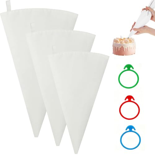3Pz sac a Poche Cotone Professionali e Riutilizzabili, sacchetti da pasticceria e 3 Cinturini per Sigillatura a Tenuta, Riutilizzabile Poche Stoffa, 30/35/40 cm Bianco Sacchetti Pasticceria in Cotone