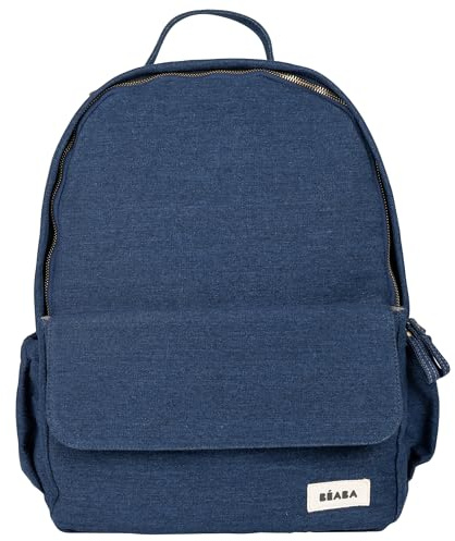 Béaba, Sac à Dos à Langer Tokyo 21L, Sac à Langer Bébé Maman Papa, Format Mains Libres, 9 Poches, Poche Isotherme, Attache Poussette, Tapis à Langer Matelassé, Textile Déperlant, Denim