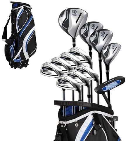 Precise S7 Men's 18-Piece Complete Golf Club Set – Titanium Driver, Fairway Woods, Hybrid, 5-SW Irons, Putter & Stand Bag, Right Handed – Tall Size – Blue