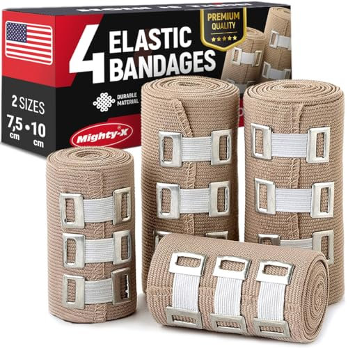 Premium Elastische Bandage – 4 Pack + 4 Extra Clips – strapazierfähige Kompressionsbandage (2 x 7,5 cm & 2 x 10 cm Rollen) dehnt sich bis zu 4,6 m Länge
