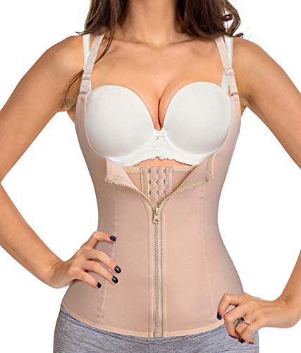 Bafully Damen stark formend Top Unterbrustkorsett Bauchweg Shaper figurformend Körperformer Unterbrust Mieder verstellbar Oberteil Body brustfrei Shapewear mit Reißverschluss, Beige, M