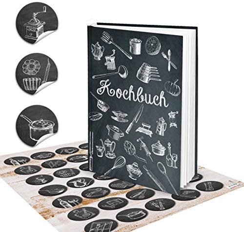 Logbuch-Verlag Kleines eigenes Kochbuch Rezeptbuch zum Selberschreiben DIN A5 schwarz weiß Geschenk mit Aufkleber vintage