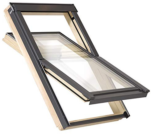 YARDLITE DVX Pine Wood Frame Roof Window, FSC Certified, Vented Centre-Pivot Loft Attic Skylight. Bundle with Plain, Slate, Tile or Universal Flashing - C4A (55 X 98cm) + Universal Flashing