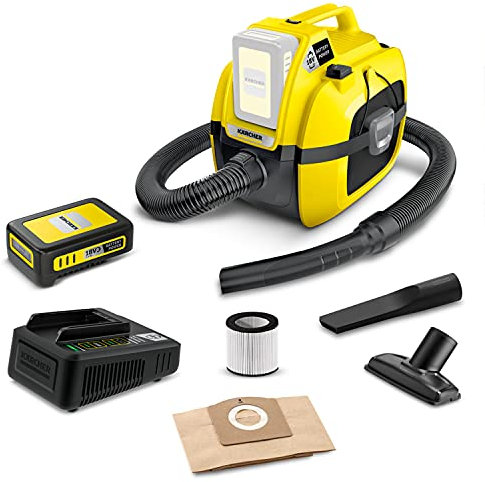 Kärcher WD 1 Compact Battery Starter Kit Mehrzwecksauger (Akku: 18 V / 2.5 Ah, Schnellladegerät, Akkulaufzeit: 10 min, Leistung: 230 W, Behältergröße: 17 Liter, Blasfunktion, kompakt)