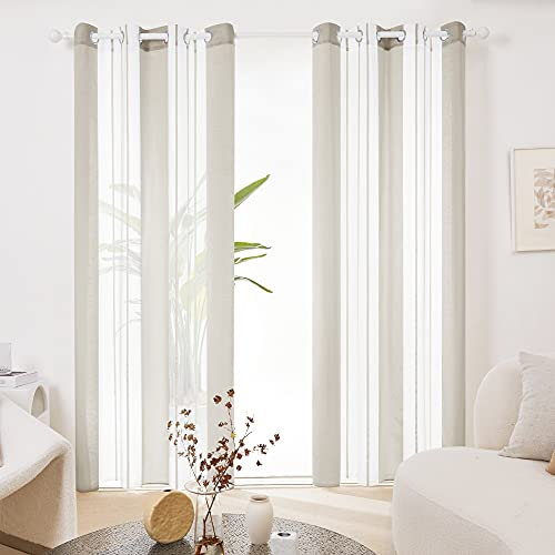 Deconovo Ösenschals in Leinenoptik, Transparente Gardinen Wohnzimmer, Vorhänge Durchsichtig Nadelstreifen, Stores Gardinen, 229x140 cm(HöhexBreite), Hellbraun, 2er Set