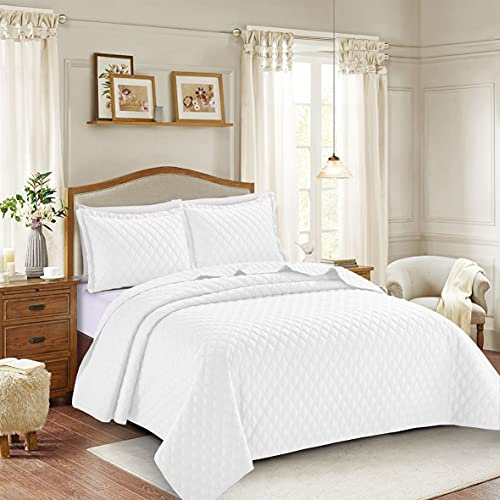 PRIME LINENS 3 Piece Inspiration Quilted Bedspread Embossed Pattern Comforter Bedding Set Bed Throw with Pillow Case (White, King 3 Piece)