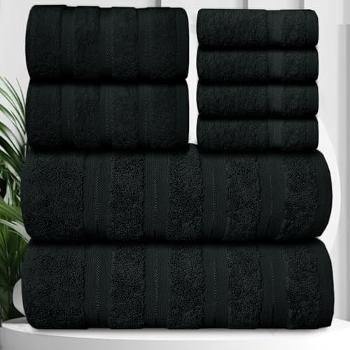 Casabella Premium Quality 8 Pc Set Black Towel Set 100% Combed Cotton 650 GSM Towels Set-2 Bath Towels, 2 Hand Towels, 4 Wash cloths, Highly Absorbable 8 Pc Black Towel bale Sets