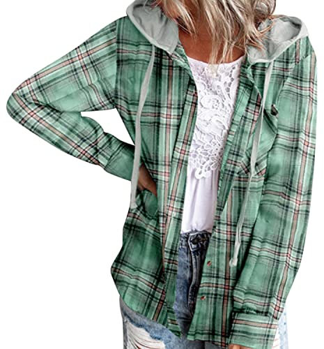 Petalum Damen Hemd kariert mit Kapuze Bluse Langarm Button Down Basic Boyfriend Holzfällerjacke Casual Dünne Blusenshirt